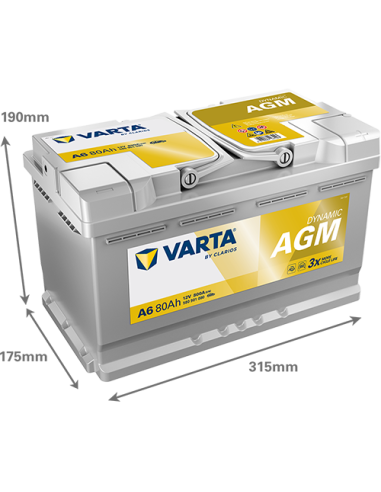 BATERÍA VARTA A6 DYNAMIC AGM 80 Ah  800  ARRANQUE + DERECHA