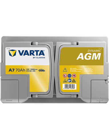 BATERÍA VARTA A7 DYNAMIC AGM 70 Ah  760  ARRANQUE + DERECHA