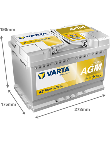 BATERÍA VARTA A7 DYNAMIC AGM 70 Ah  760  ARRANQUE + DERECHA