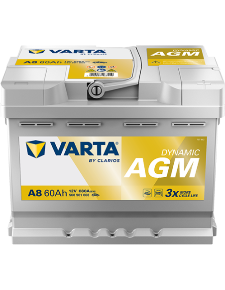 BATERÍA VARTA A8 DYNAMIC AGM 60 Ah  680  ARRANQUE + DERECHA