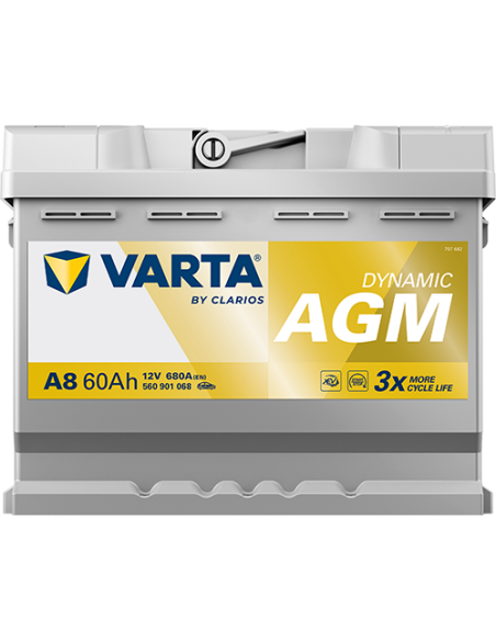 BATERÍA VARTA A8 DYNAMIC AGM 60 Ah  680  ARRANQUE + DERECHA