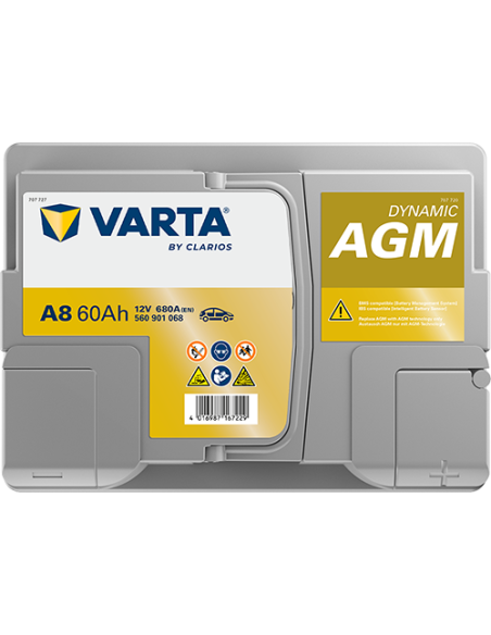 BATERÍA VARTA A8 DYNAMIC AGM 60 Ah  680  ARRANQUE + DERECHA