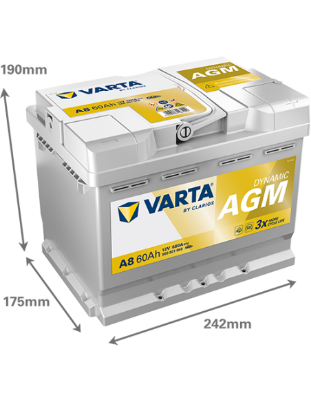 BATERÍA VARTA A8 DYNAMIC AGM 60 Ah  680  ARRANQUE + DERECHA