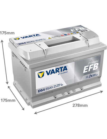 BATERÍA VARTA D54 DYNAMIC EFB 65 Ah  650  ARRANQUE + DERECHA