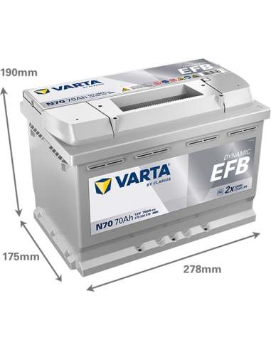 BATERÍA VARTA N70 DYNAMIC EFB 70 Ah  760  ARRANQUE + DERECHA