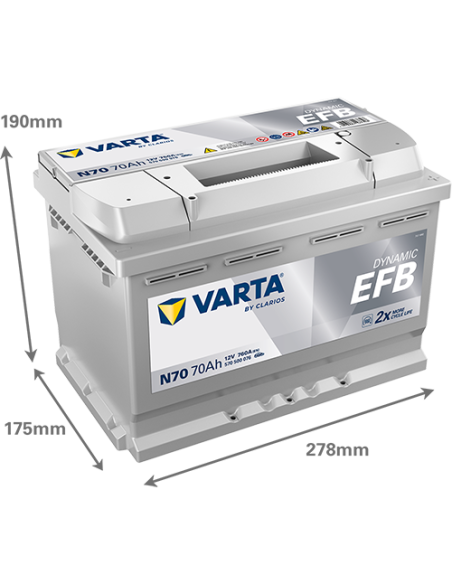 BATERÍA VARTA N70 DYNAMIC EFB 70 Ah  760  ARRANQUE + DERECHA