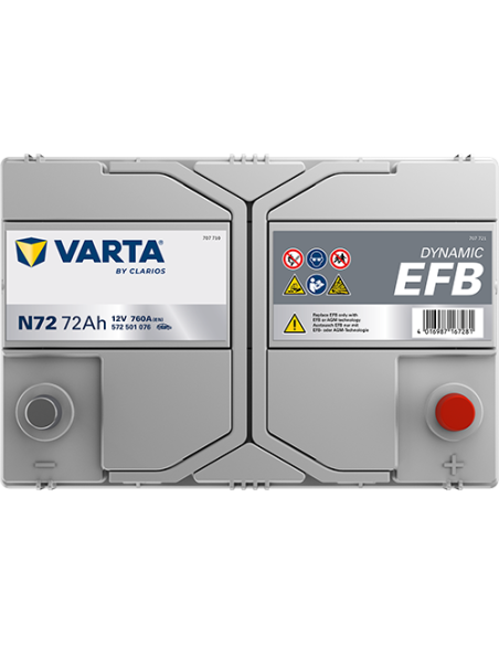 BATERÍA VARTA N72 DYNAMIC EFB 72 Ah  760  ARRANQUE + DERECHA