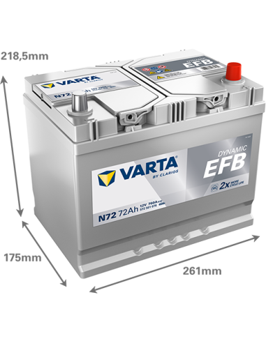 BATERÍA VARTA N72 DYNAMIC EFB 72 Ah  760  ARRANQUE + DERECHA