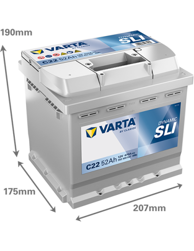 BATERÍA VARTA C22 DYNAMIC SLI 52 Ah  470  ARRANQUE + DERECHA